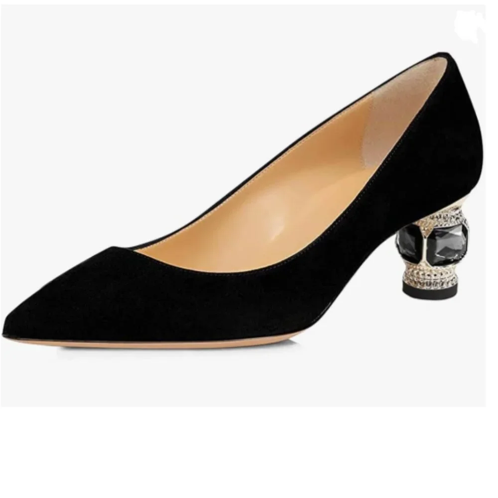 FSJ Black Suede Bridal Pointed Toe Block Low Heel Crystal Slip on Wedding Pumps